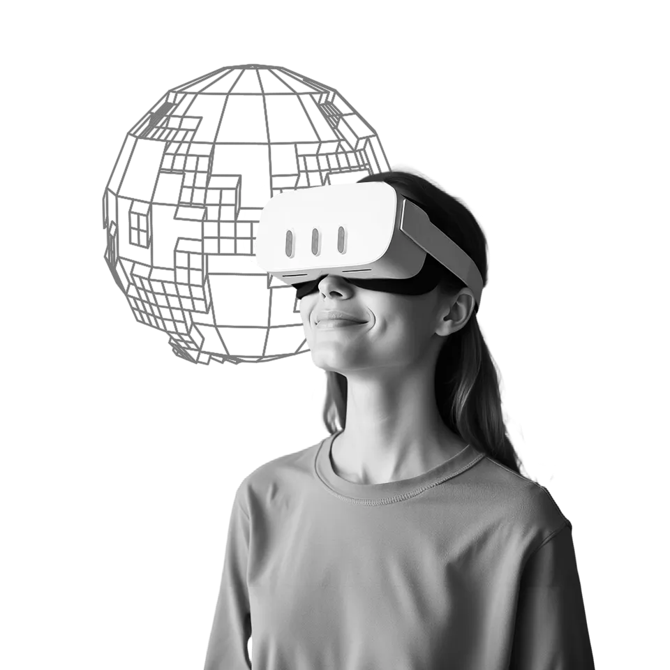 Woman with VR headset and a technological globe